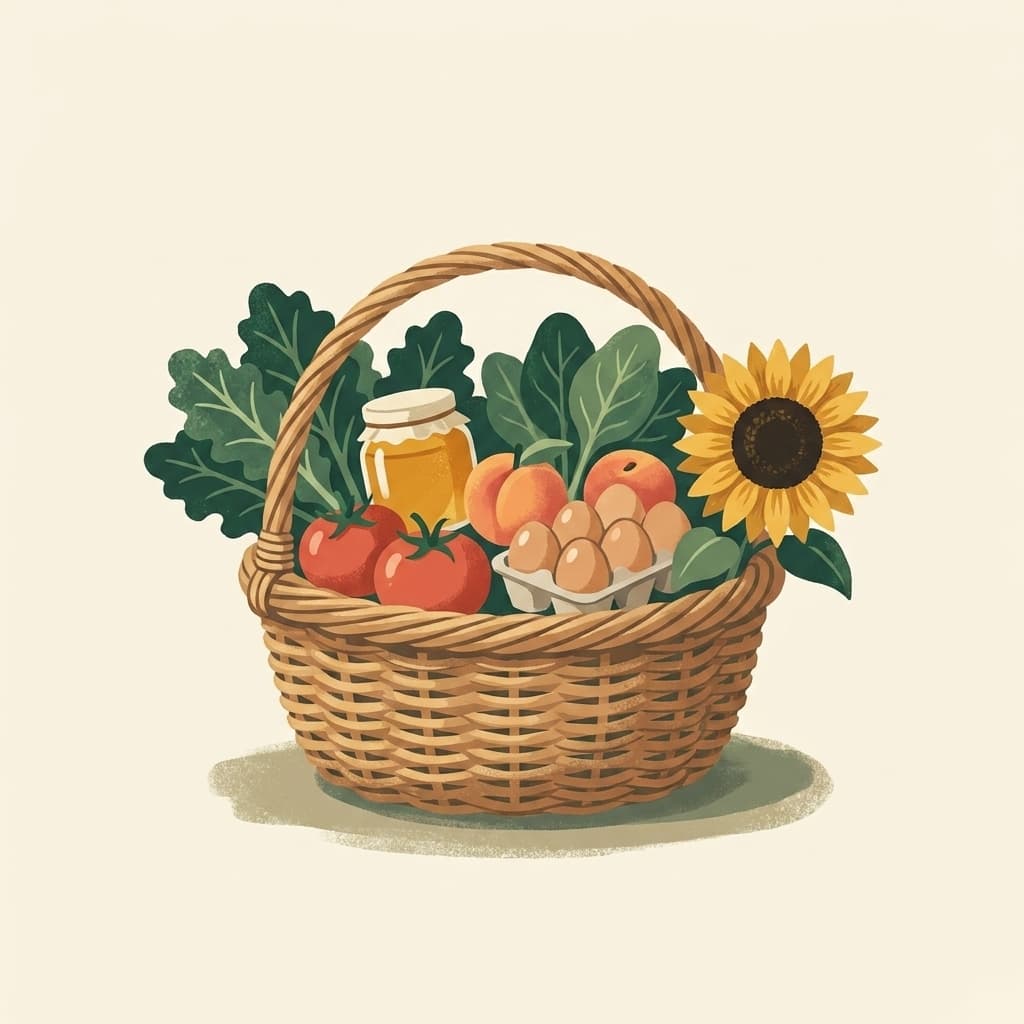 Illustration of a wicker market basket filled with tomatoes, peaches, eggs, greens, honey, and a sunflower