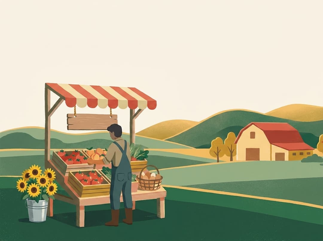 Illustration of a farmer arranging produce at a roadside stand